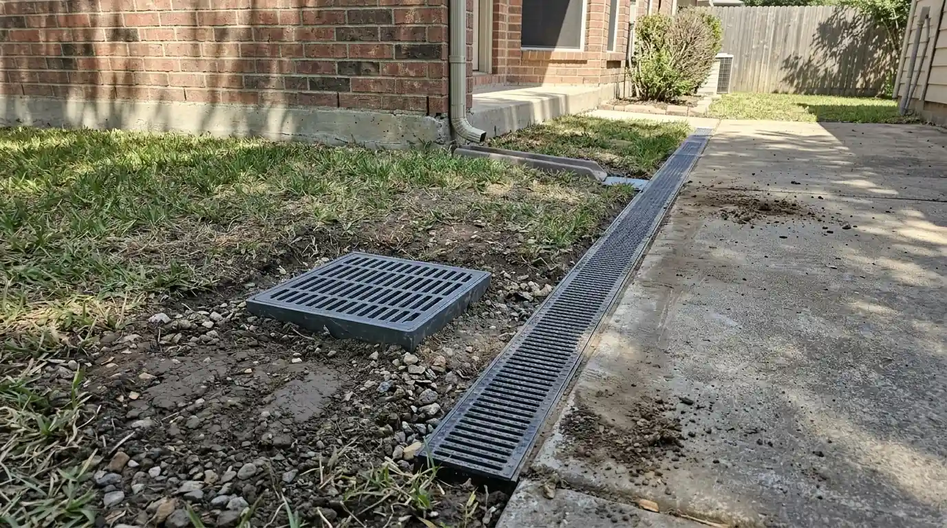 Close view of a square catch basin grate set in a Dallas lawn