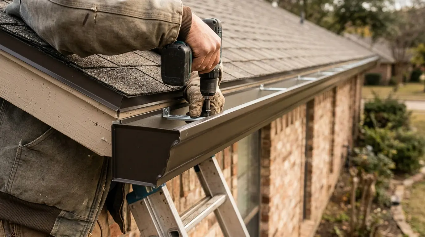 Close view of a seamless gutter coming off a forming machine