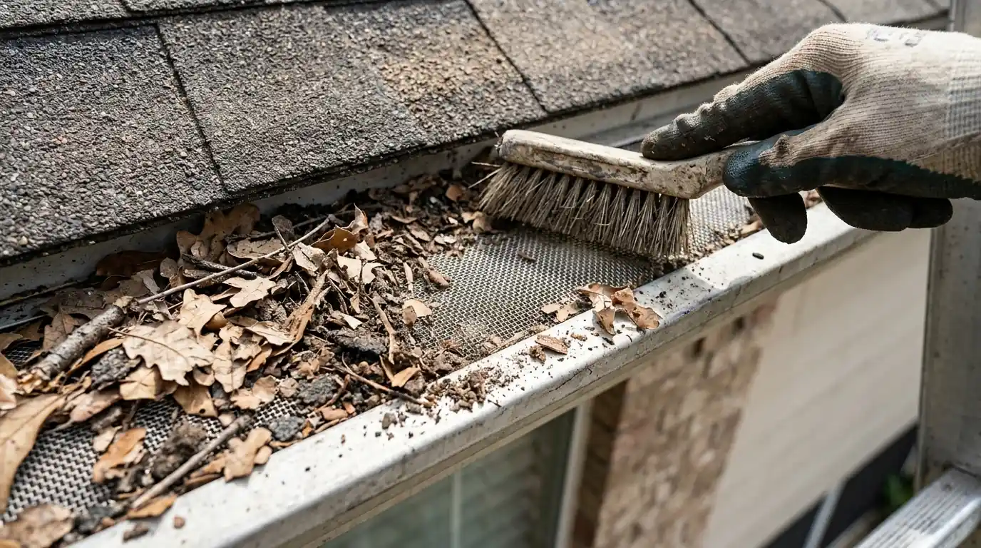 Close view of a film of pollen and catkins on a micro-mesh gutter guard
