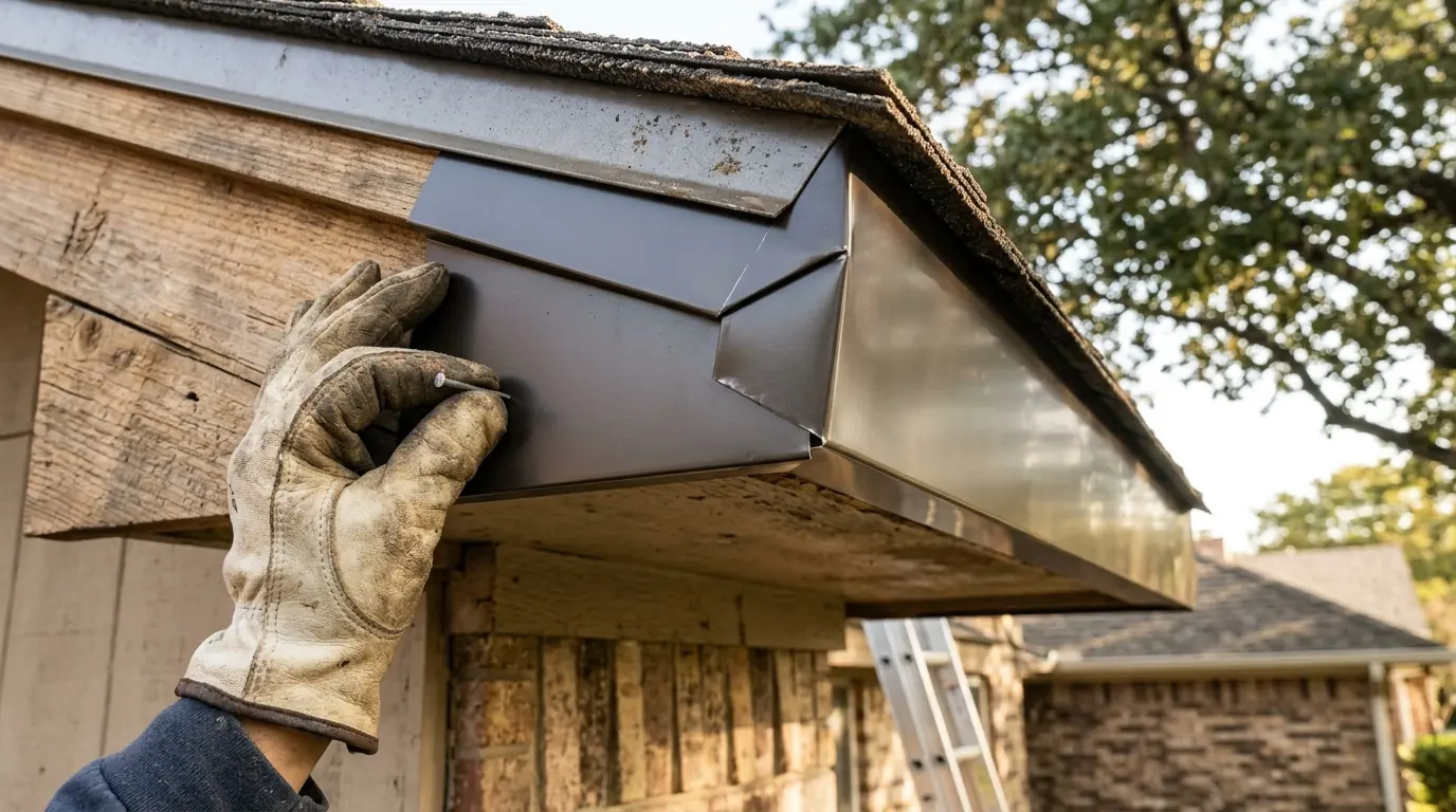 Close view of aluminum coil wrapped over a wood fascia board behind a gutter