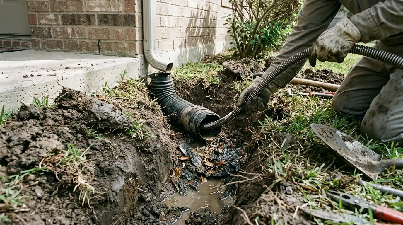Drain snake clearing a buried downspout line in a Dallas yard