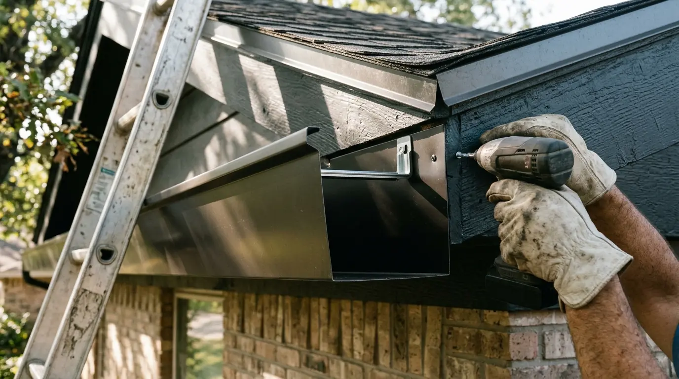 Close view of a large rectangular downspout on a brick commercial building