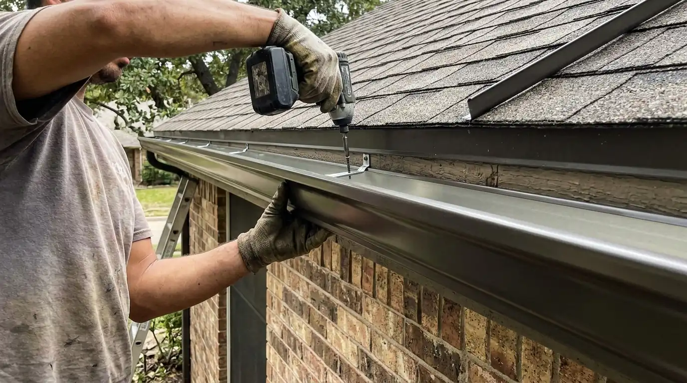 Hidden hanger inside a new K-style gutter on a Dallas home