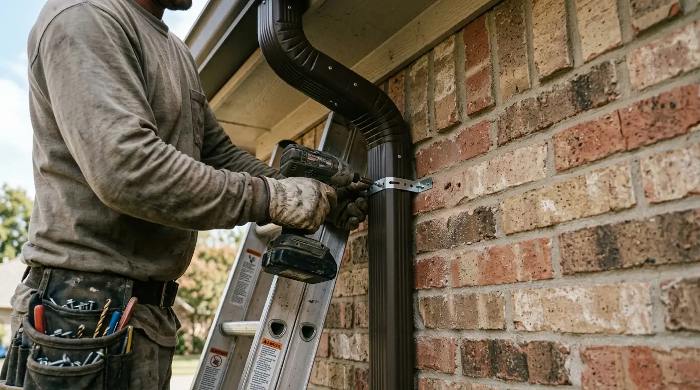 Downspout strap anchored into brick on a Dallas home