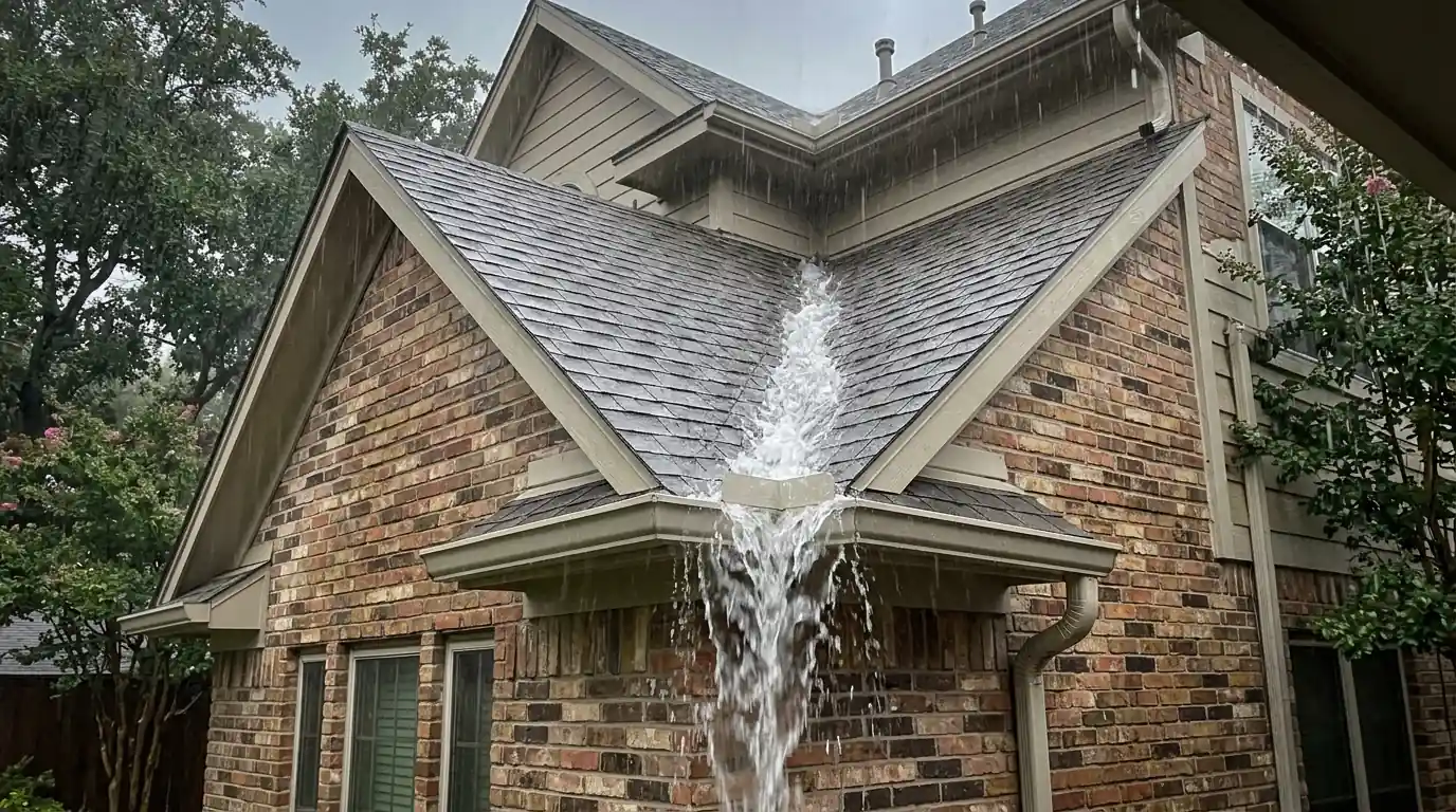 Roof valley pouring water into the corner of a gutter