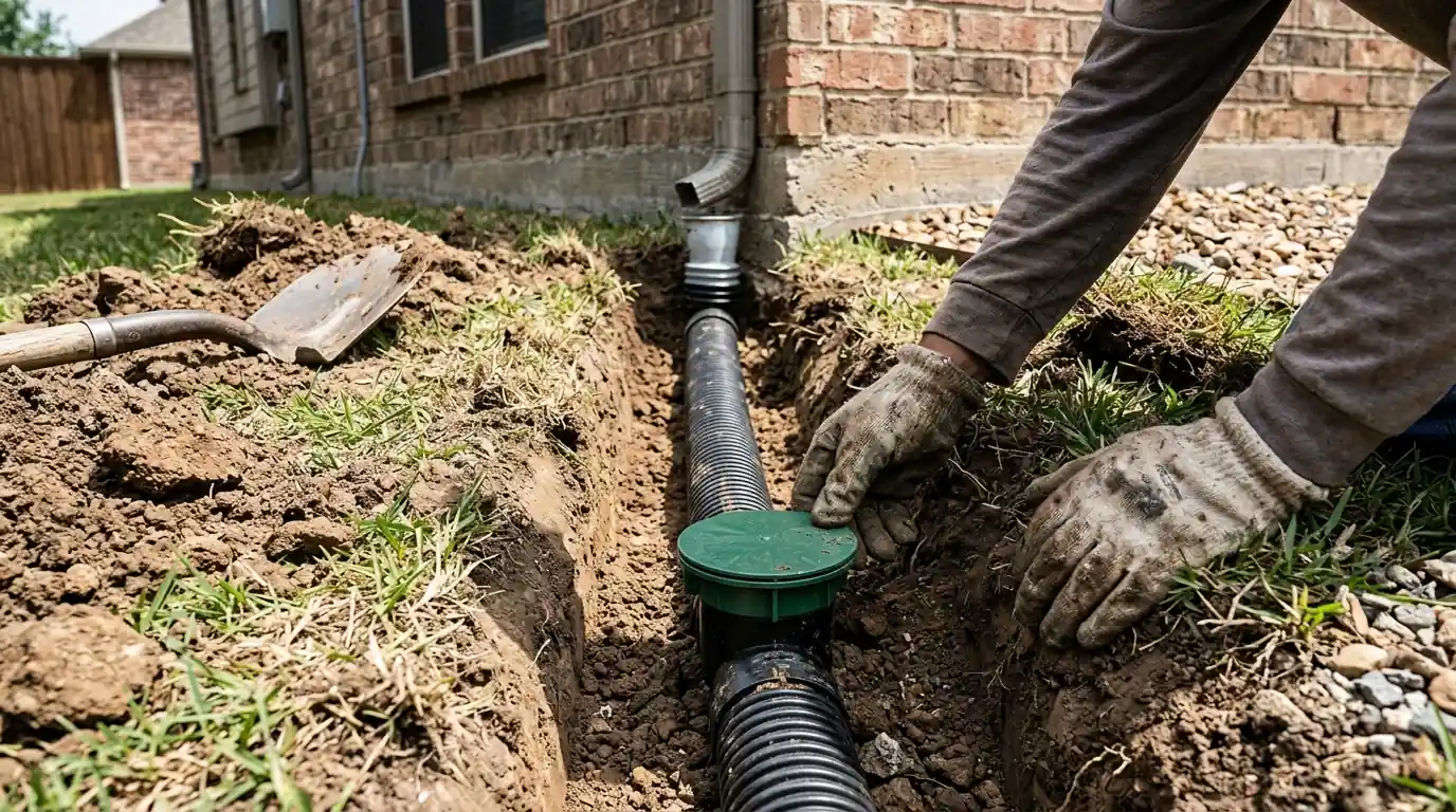 Close view of a pop-up drain emitter set in a Dallas lawn