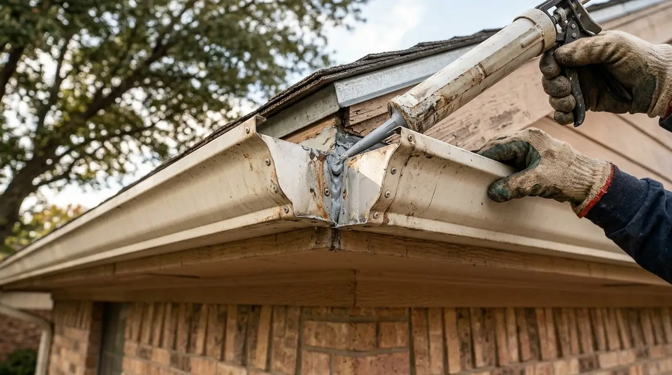 Close view of a leaking gutter corner miter dripping water on a Dallas house
