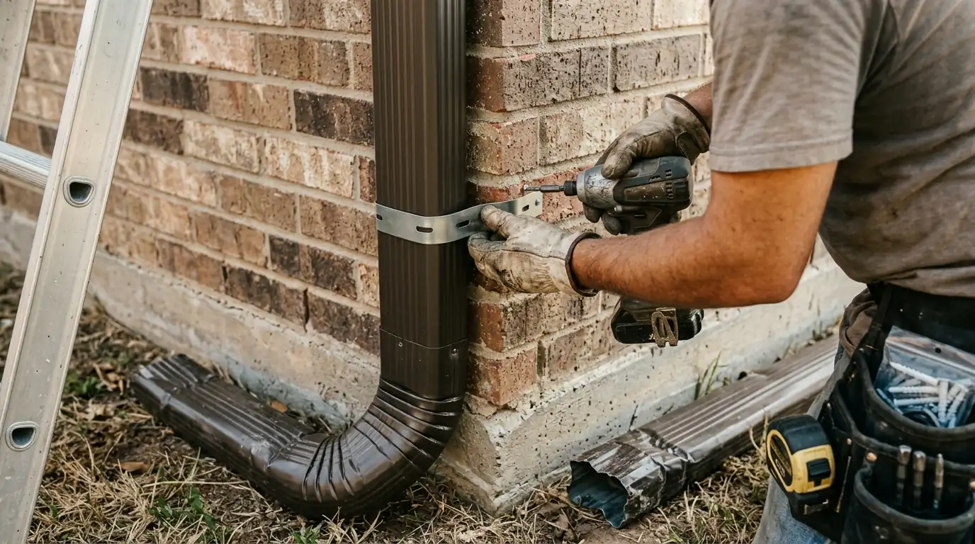 Close view of a 3x4 downspout and new outlet on a K-style gutter