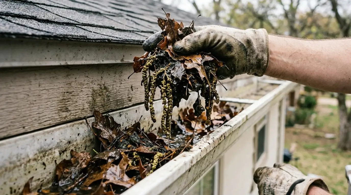 Gloved hands clearing oak leaves and pecan catkins from a Dallas gutter